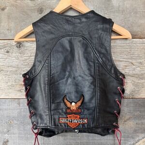 VTG Womens Leather Lace Up Biker Vest 8 Black Harley Patches Sturgis Pins Rocker